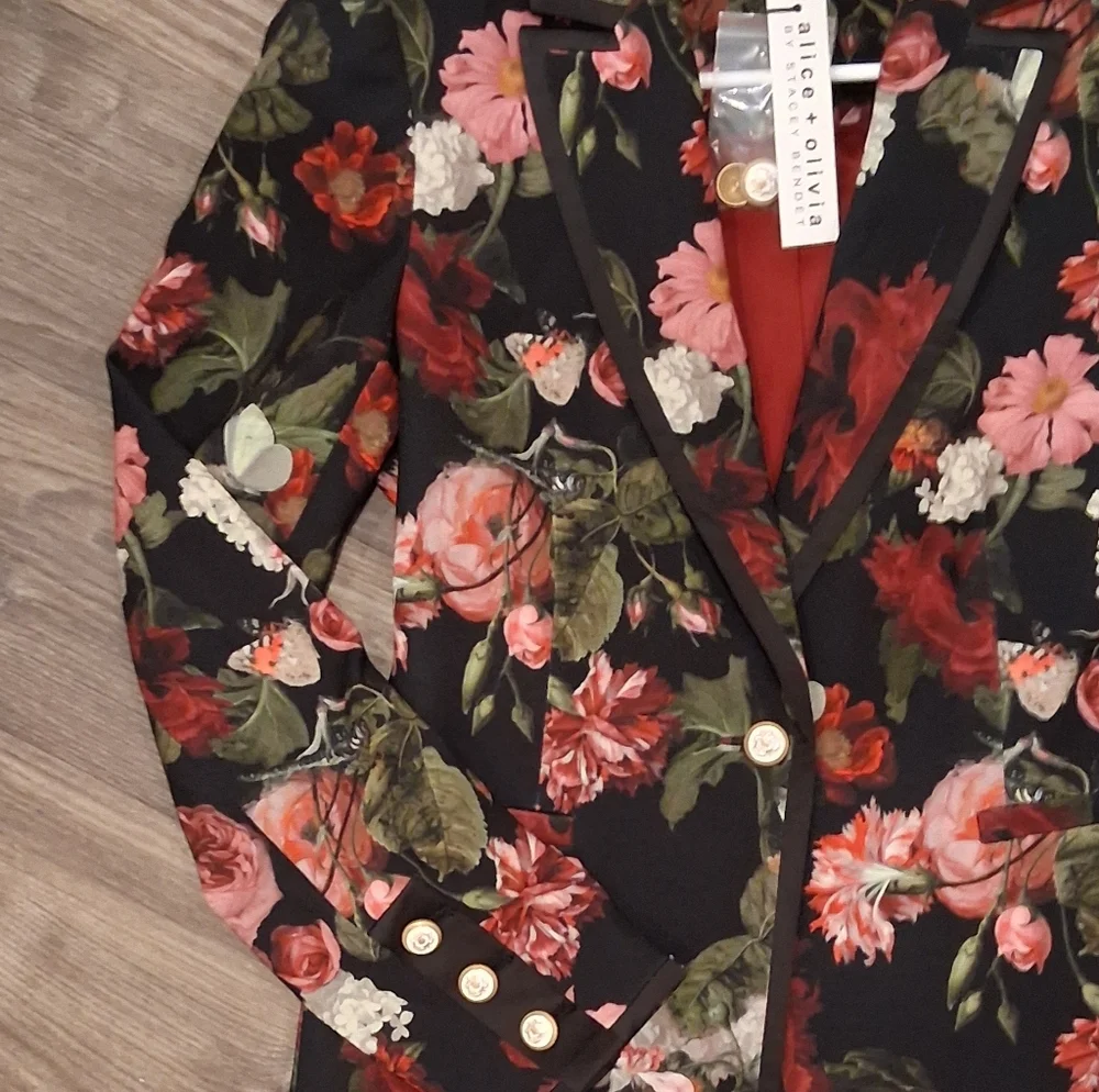 Alice + Olivia Breann Black Floral Slim-fit Blazor - Pink And Red - Size 6 - NWT - Picture 6 of 12